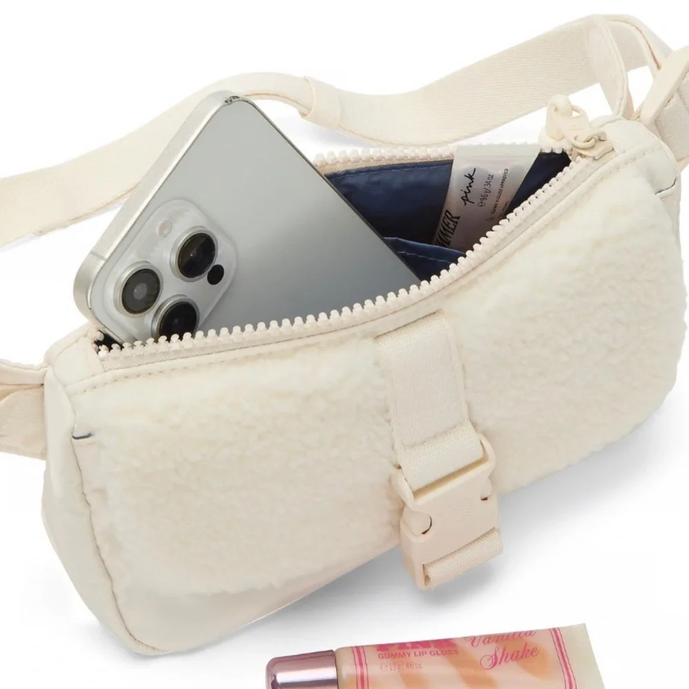PINK Victoria's Secret Cream Sherpa Crossbody Belt Bag